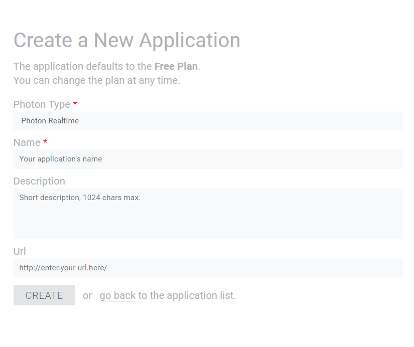 Form for New App ID creation for Photon Unity Networking