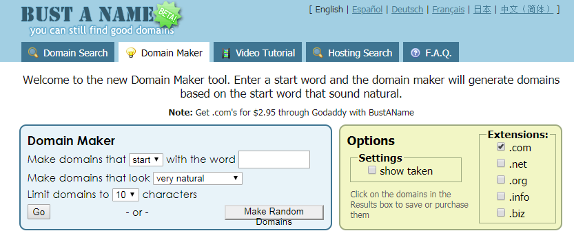 Bust a Name Domain Name generators for free online