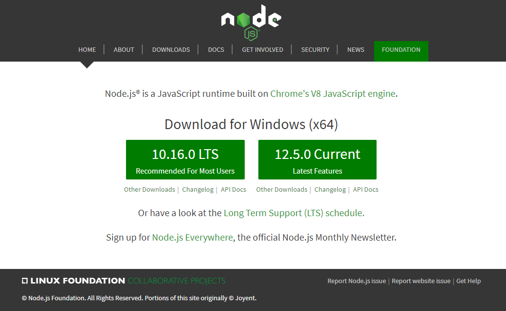 Nodejs.org official homepage for downloading installers