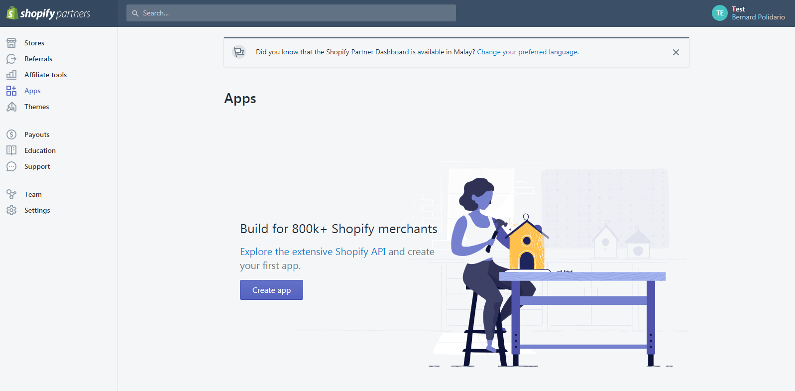 Shopify Partner Dashboard: Create new apps
