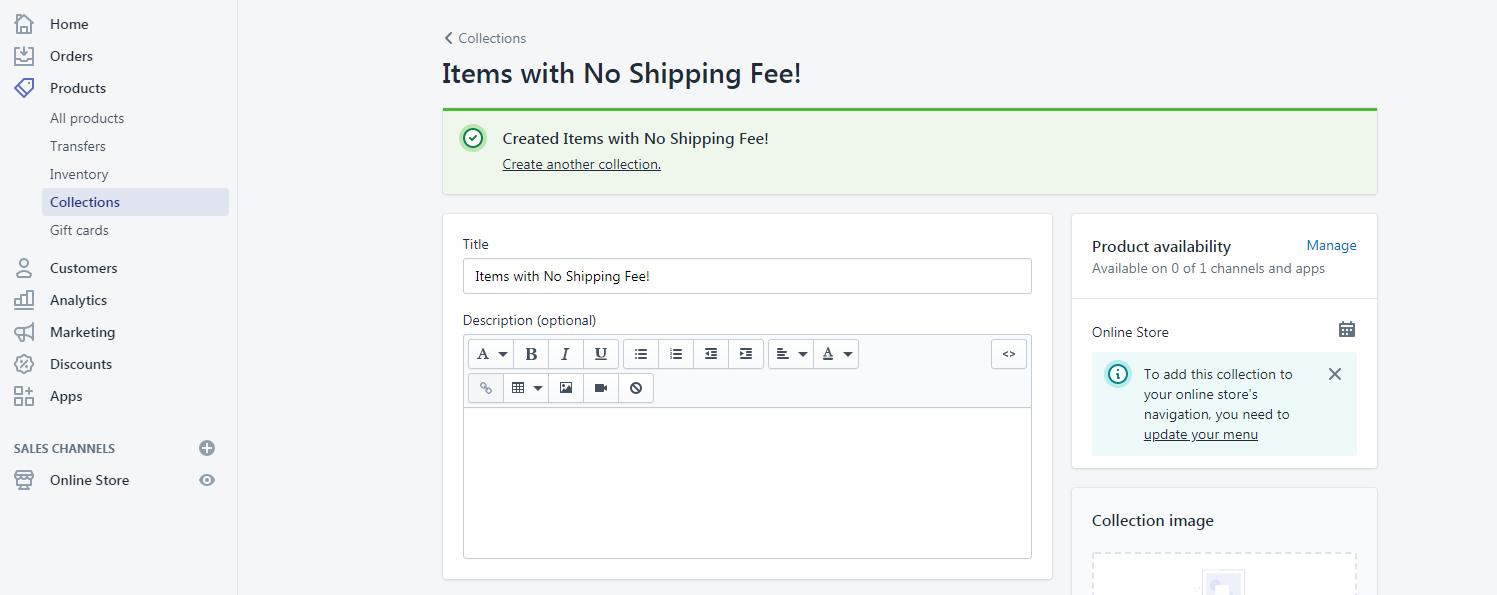 Shopify Collections for Items with No Shipping Fee
