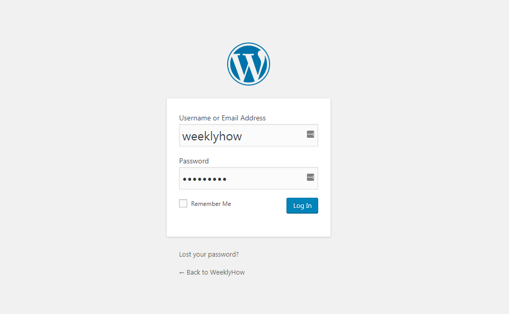 WordPress login page for accessing admin dashboard