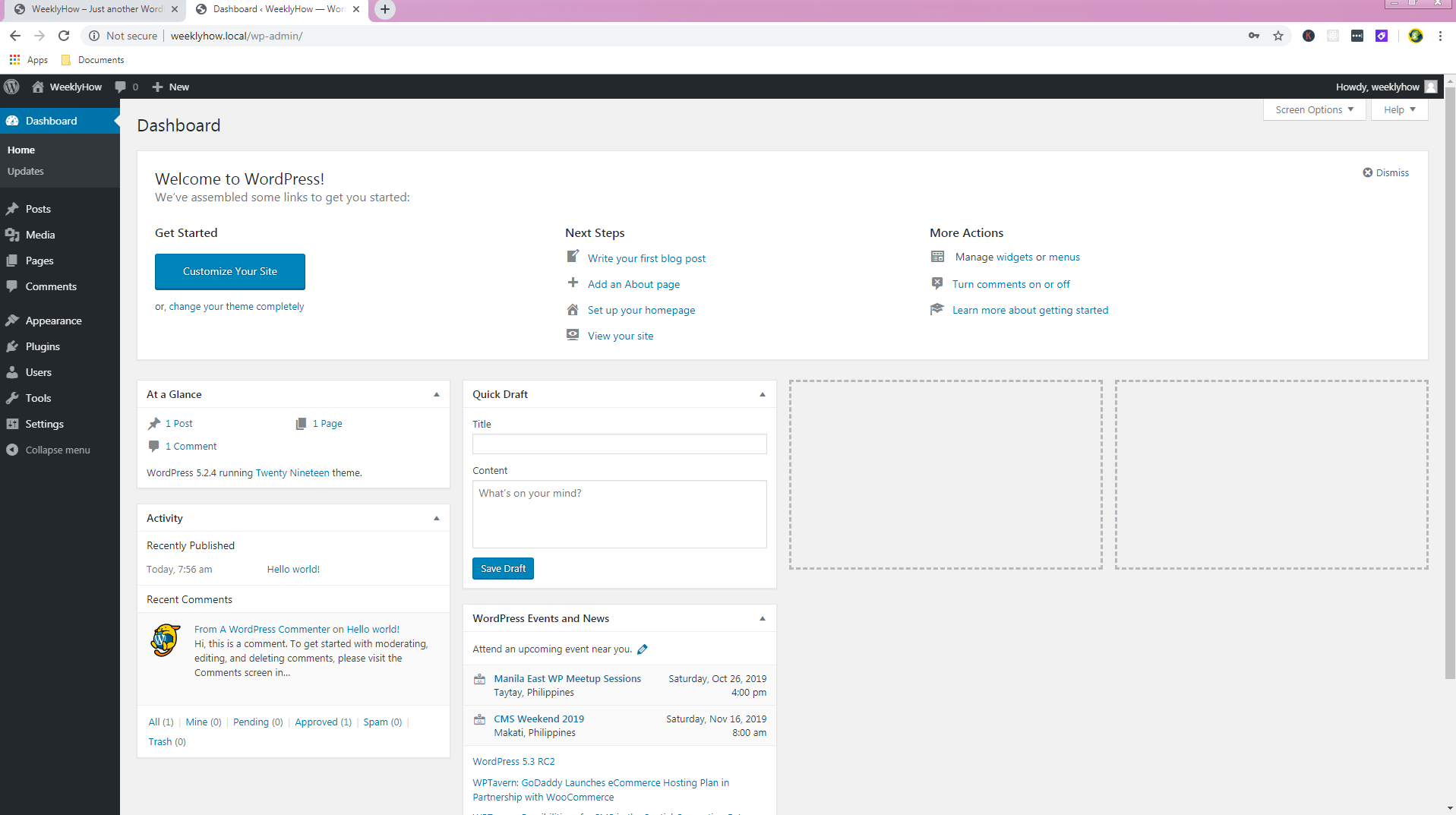 WordPress Admin Dashboard created by Local by FlyWheel for WordPress Development