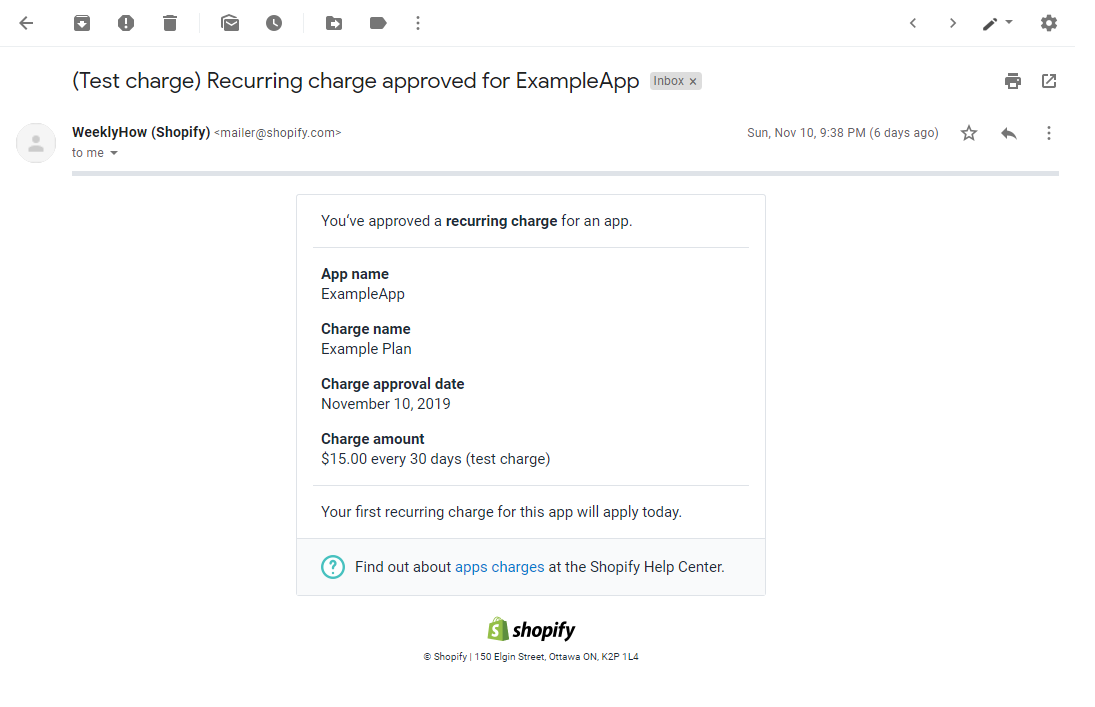 Test charge email for Shopify recurring charge API tutorial PHP