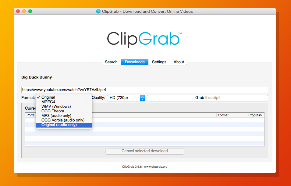 ClipGrab Downloader user interface for MacOS