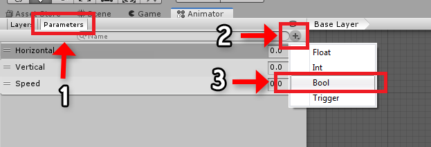 Creating a new bool animator parameter in Unity 2019