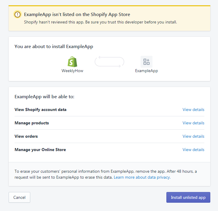 Installing unlisted private shopify app