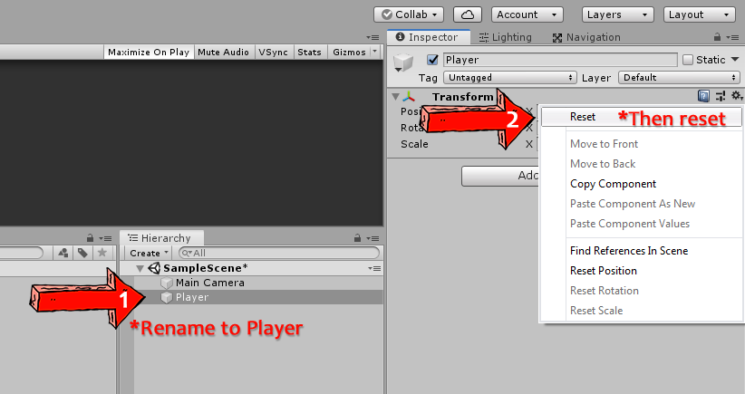 renaming a game object and resetting the transform position with unity 3d