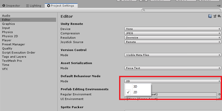 Unity default behaviour mode changing from 3d to 2d