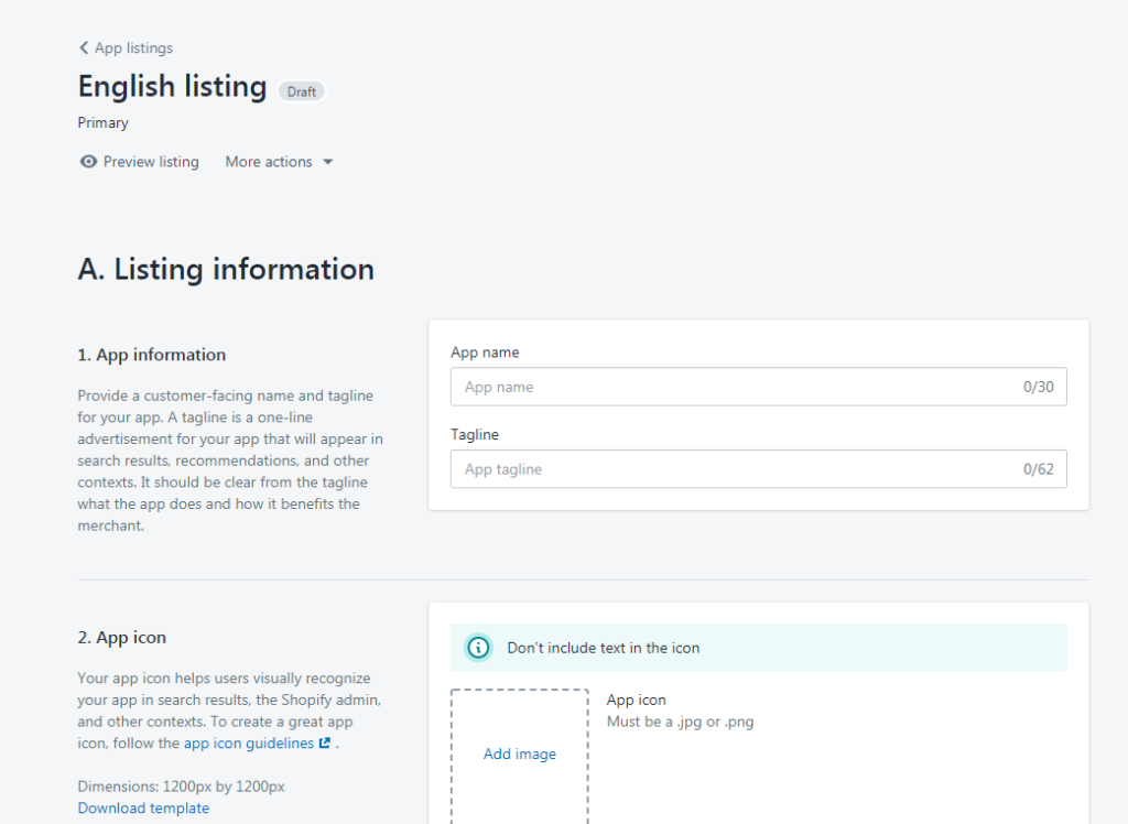 shopify app english listing information