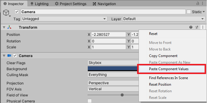 copying values of components in unity