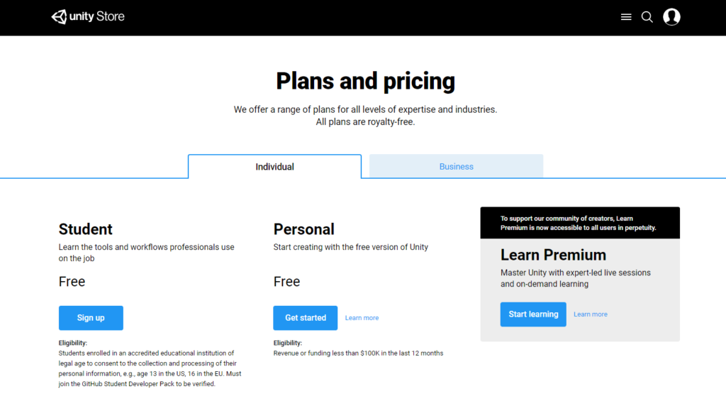 unity plans and pricing