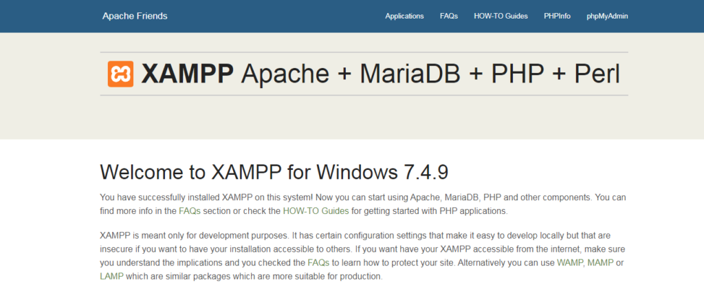 XAMPP for windows 7.4.9 localhost homepage